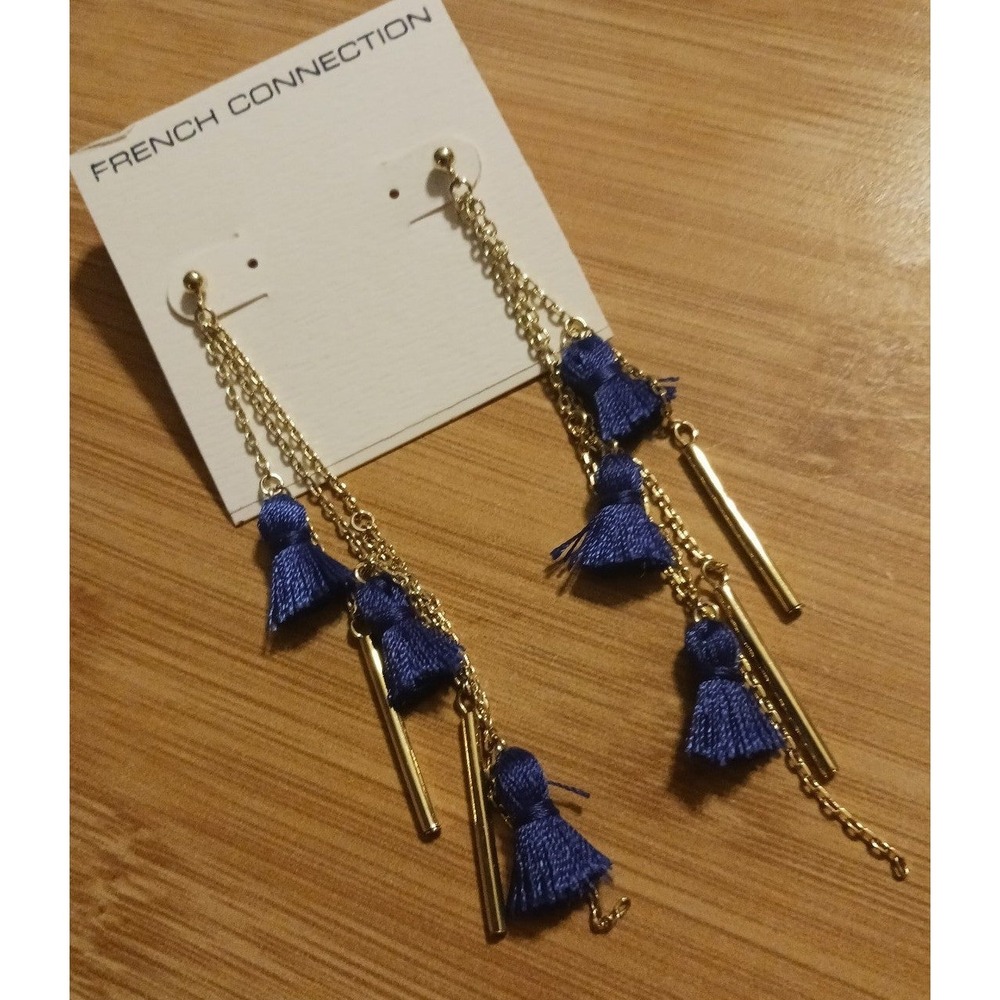 NEW French Connection Gold & Blue Tassel Layered Scattered Dangle Earrings
